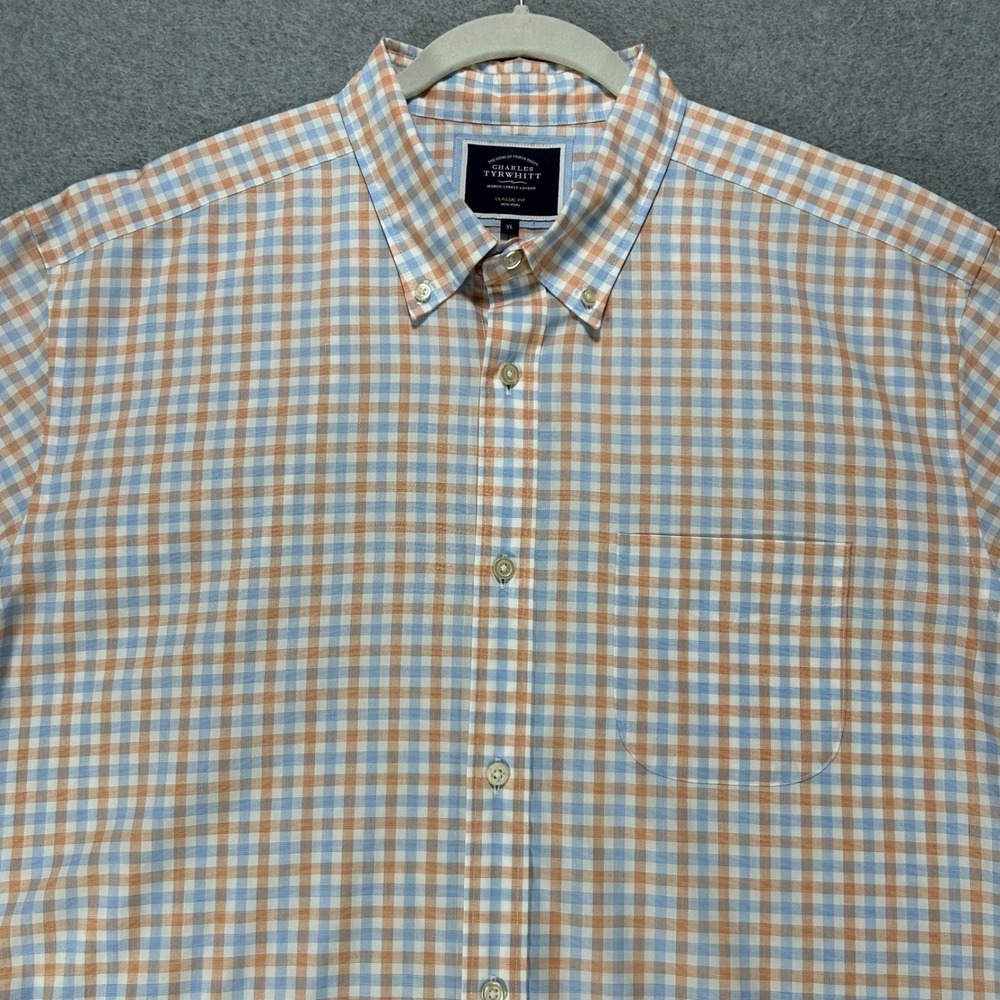 Charles Tyrwhitt Button Down Classic Fit Mens XL Orange Blue Gingham Preppy
